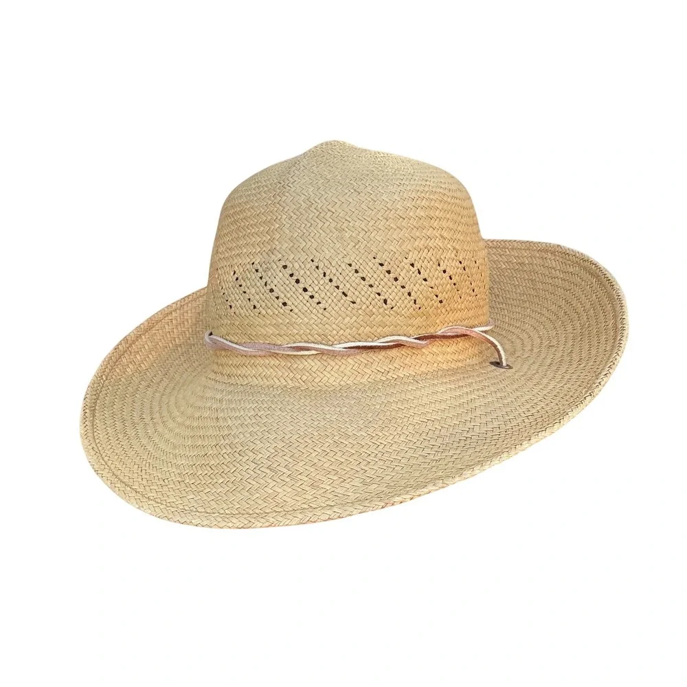 Open Crown Cowboy Hat Vintage SF Green Straw Natural Tan Woven Lightweight